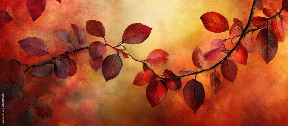 Poster autumn leaves on a swirling orange and yellow background with a focus on deep red and warm tones, ar