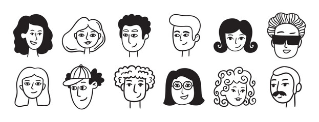 people avatars for social media, website doodle hand drawn icon set. Outline drawing trendy portraits girls and guys line clipart symbol collection. 