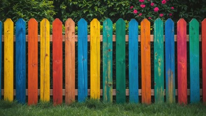 Fototapeta premium Colorful wooden fence with vertical planks in bright shades of red, orange, yellow, green, and blue surrounded by greenery and flowers