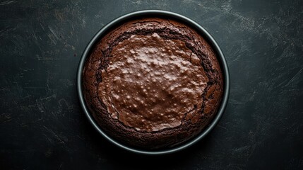 Decadent homemade chocolate brownie cake in a round tin, showing its soft, fudgy texture, captured from a top-down angle.