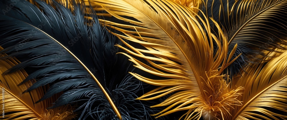 Poster black and gold feathers arrangement with intricate details on a dark background suitable for design 
