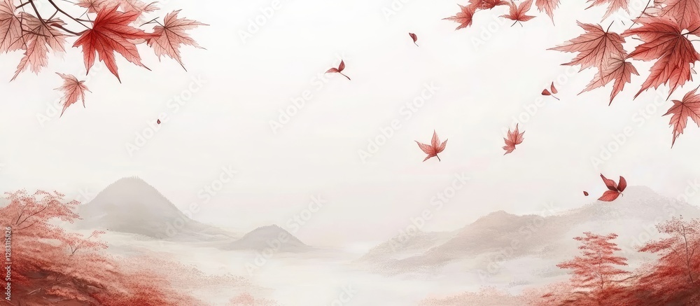 Poster Serene autumn landscape featuring red maple leaves at the top and soft mountains in the background with a misty atmosphere below.