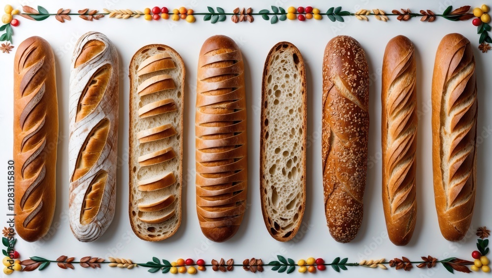 Poster variety of artisanal breads arranged neatly on a decorative surface with colorful border elements sh