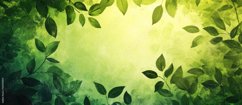 Poster lush green vector backdrop featuring varying shades of green with soft leaf outlines framing a brigh