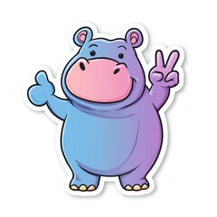 Obraz premium A cheerful cartoon hippo giving a peace sign with a friendly smile.