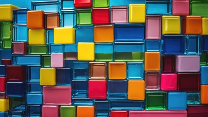 Colorful transparent glass blocks arranged in a grid pattern displaying a variety of geometric shapes and vibrant colors against a blue background