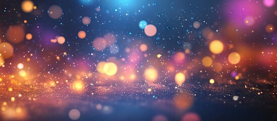 Obraz premium Vibrant abstract background featuring glowing bokeh lights in orange blue and purple hues scattered across a dark textured surface.