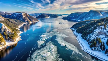 Aerial view of the Saguenay Fjord with snow-capped mountains and frozen water in winter, Canada