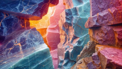 Colorful rock formations with vibrant hues of blue, orange, and purple in a narrow canyon structure under soft lighting.