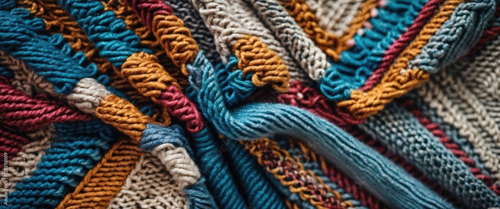 Aufkleber colorful texture of woven yarn showcasing various patterns and tightly knitted threads in a close-up