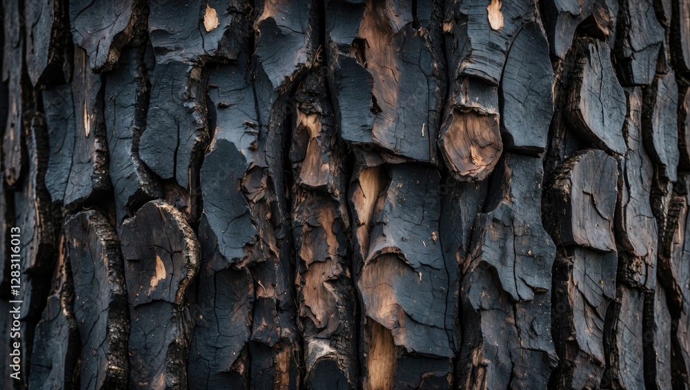 Poster close-up of blackened tree bark texture showing charred surfaces and rough details from natural weat