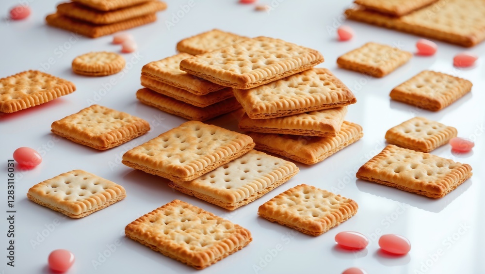 Poster assorted biscuits stacked on a white surface with pink candy scattered around in a structured layout