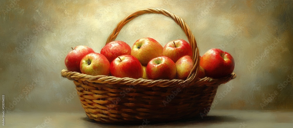 Poster fresh red and green apples in a woven basket on a neutral blurred background with warm tones showcas
