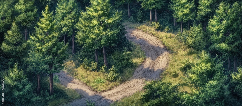 Poster Aerial view of a forest with dense evergreen trees and winding dirt pathways creating a tranquil and inviting nature scene in lush green tones.