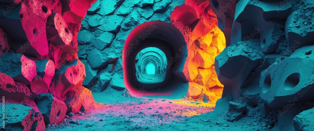 Poster abstract colorful cave with illuminated archways and textured rock formations in a surreal landscape