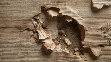 Detailed close-up of damaged wood showcasing insect larvae and debris with textural patterns of the wood surface.