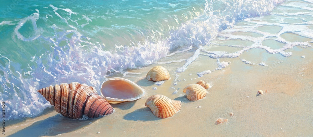 Aufkleber serene sandy beach with gentle waves lapping at the shore, adorned with various seashells in soft cr