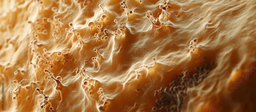 Poster Close-up view of illuminated silicone biomaterial showcasing intricate textures and patterns in warm shades of orange and brown under microscope