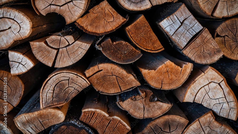 Poster close-up view of stacked firewood logs displaying natural textures and patterns in a well-organized 
