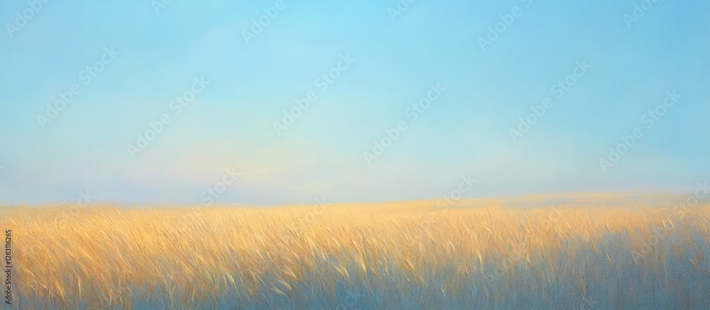 Aufkleber serene golden wheat field under a soft blue sky with hazy distant mountains, blending colors of warm