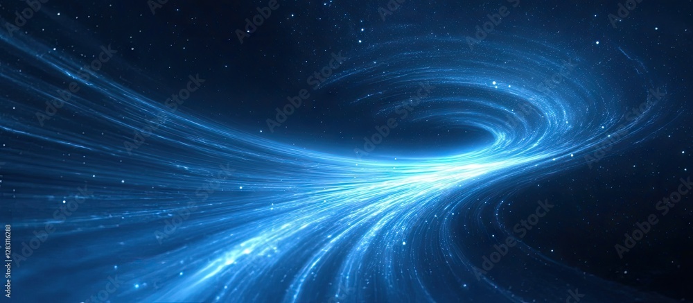 Leinwandbilder Abstract blue swirling light effect on a dark background with a focus on a central glowing vortex creating a cosmic star trail illusion.