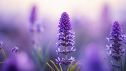 Fototapeta premium Close-up of vibrant purple flowering plant with soft blurred background in garden setting during daylight.