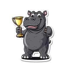 Fototapeta premium A cheerful hippo cartoon character proudly holding a golden trophy in its hands.