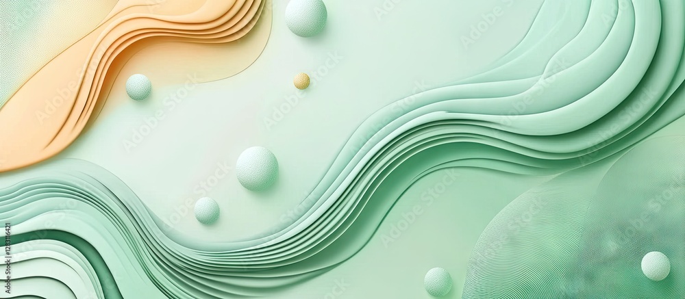 Leinwandbilder abstract pastel green background featuring flowing waves in light green and orange with 3d spheres, 