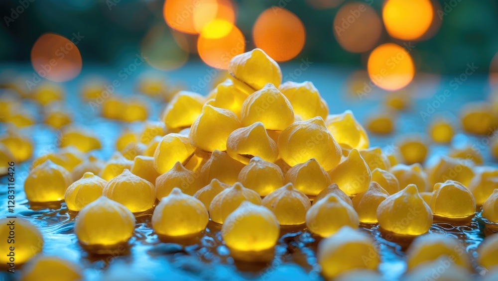 Poster yellow candle lights arranged in a pyramid on a reflective surface with blurred colorful bokeh backg