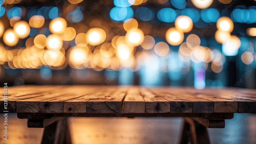 Aufkleber wooden table in foreground with blurred warm lights background creating a bokeh effect in a modern i