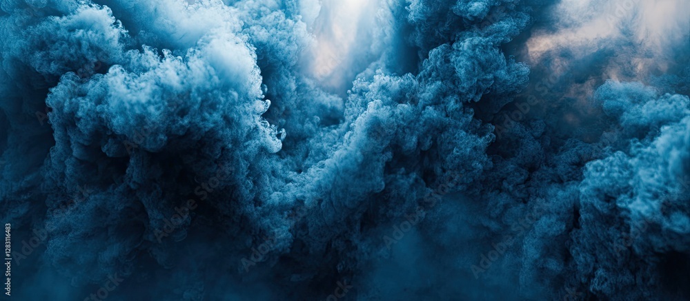 Poster dramatic dark blue abstract cloud texture with swirling patterns and lighter highlights at the top, 