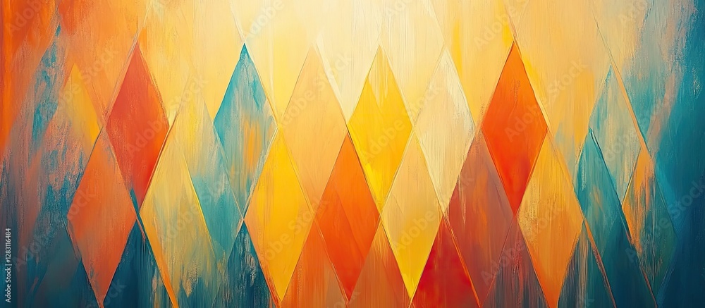 Poster abstract geometric pattern with triangular shapes in shades of orange, yellow, and blue arranged sym