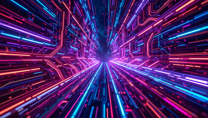 3d illustration of glowing neon lines in abstract digital patterns, vibrant colors, high-tech feel, dynamic energu