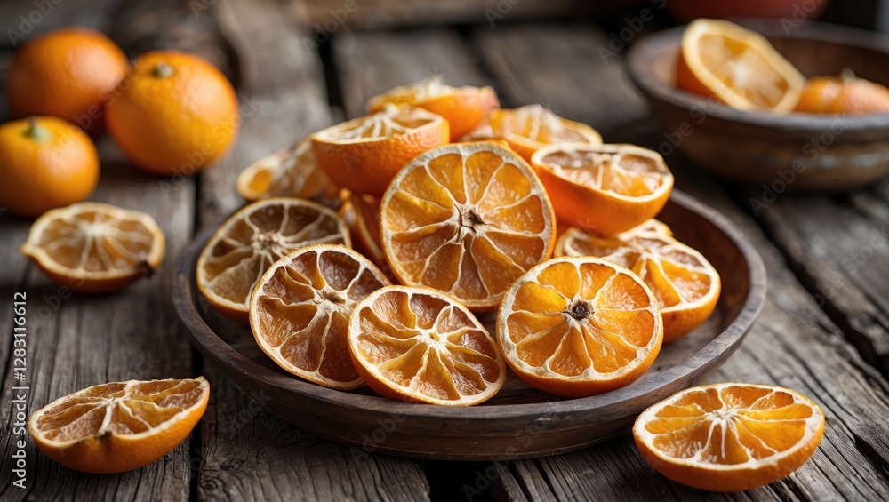 Poster dried orange slices on a wooden table with fresh oranges in the background in a rustic setting