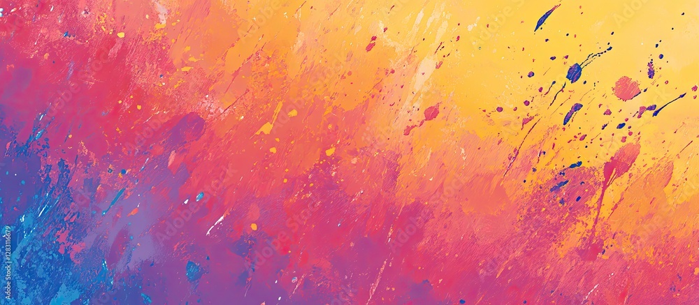 Poster vibrant gradient backdrop with a vivid splash paint design in pink, orange, and blue creating a dyna