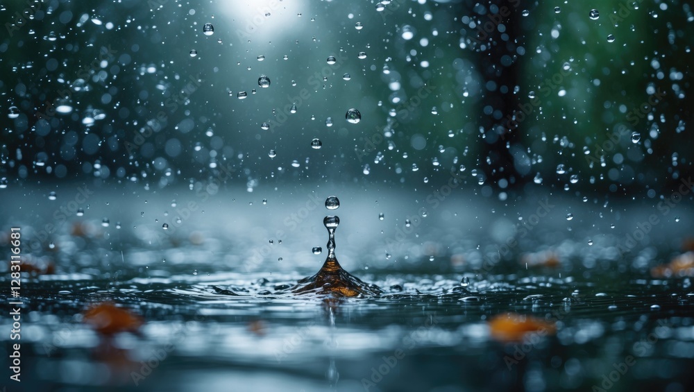 Aufkleber raindrop splashing on water surface with blurred background of rain and foliage in a natural setting