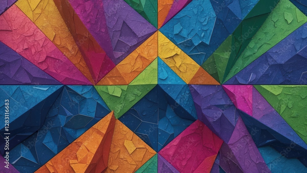 Poster colorful geometric abstract paper texture pattern with 3d triangular shapes in vibrant hues of blue,