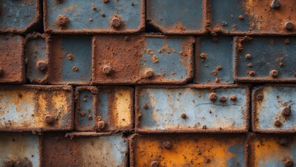 Rusty metal surface with blue and orange sections showing corrosion and decay textures