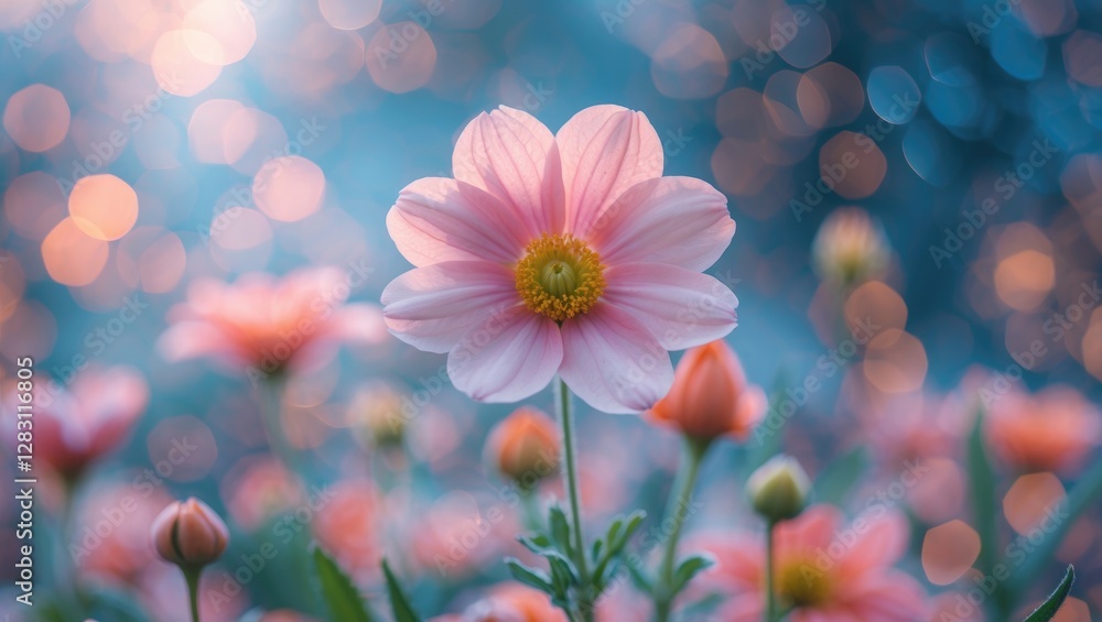 Aufkleber close-up of a pink flower in a field with soft bokeh lights and green foliage in the background duri