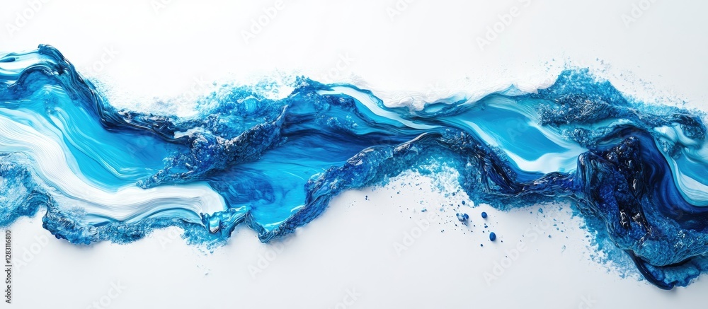 Poster Vibrant blue liquid flows organically across a bright white background highlighting shades of azure and cerulean with intricate texture and ripples.