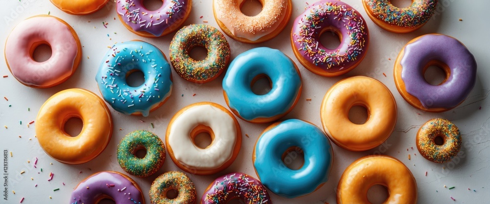 Poster colorful assorted donuts with sprinkles and icing on a white background arranged neatly in a flat la