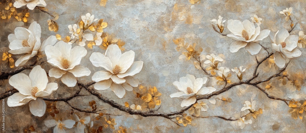 Poster Vibrant white Magnolia flowers in full bloom on a delicate branch against a soft golden and gray background creating a serene and elegant composition
