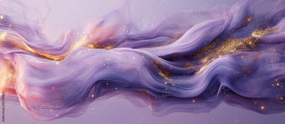 Fototapete Flowing light purple liquid with a textured canvas look, infused with shimmering gold particles, creating a serene abstract background.