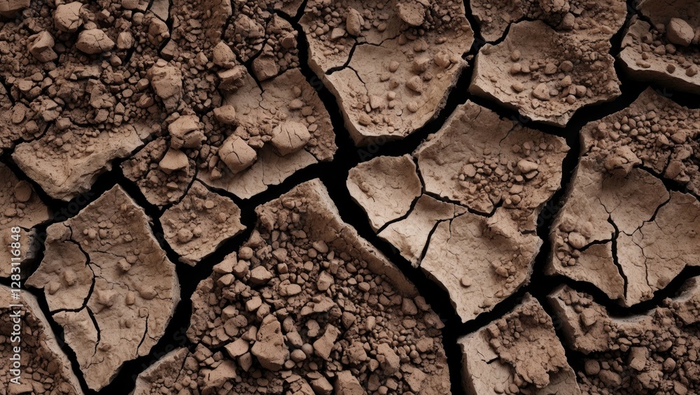 Poster dry cracked earth surface texture with irregular patterns and loose soil particles in warm tones