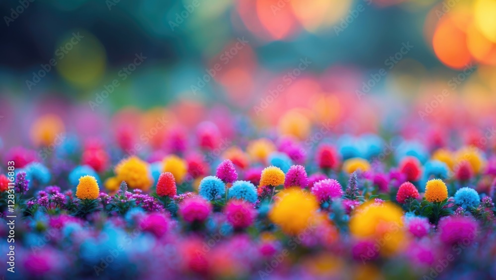 Poster colorful flower field with vibrant blossoms in soft focus creating a dreamy background effect with b