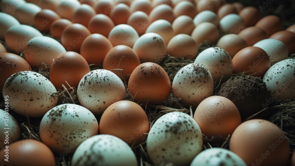 Poster close-up view of various eggs in different shades and speckled patterns arranged on straw background