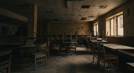 Shadowy interior of a closed down restaurant tables and chairs stacked up