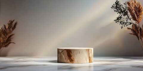 An empty pedestal in a minimalist display space, surrounded by empty space and soft, directional lighting, creating a calm and focused ambiance.