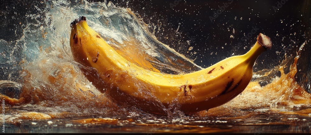 Poster mature yellow banana splashes in dynamic water with vibrant artistic brush strokes in the background
