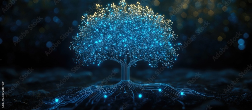 Poster glowing blue tree with luminous leaves and roots on a dark background, showcasing vibrant sparkles a